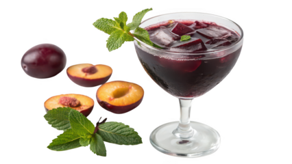 Refreshing plum juice drink with fresh fruit and mint leaves isolated on transparent background