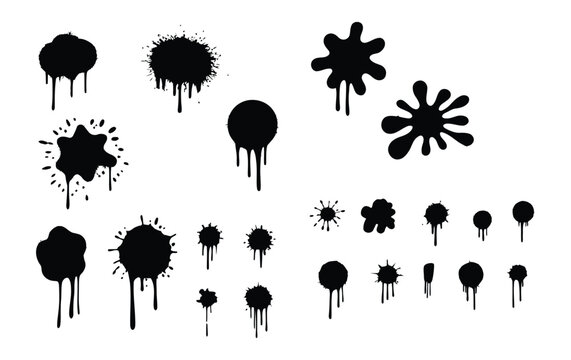 Vector art of a collection of black spray paint splatters and drips isolated on a white background for design