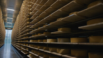 Wheels of cheese aging on wooden shelves in a