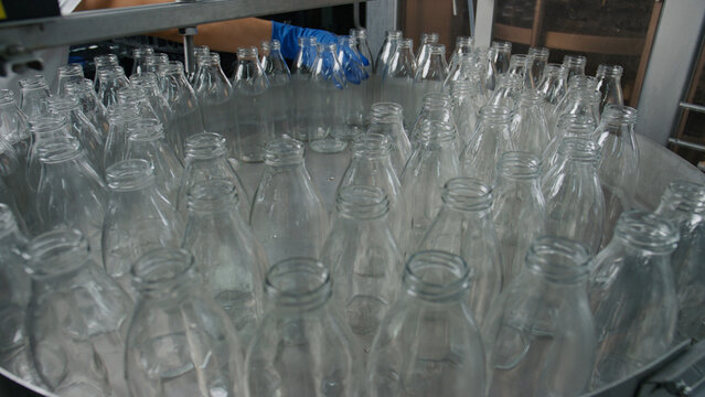 Food factory worker arranging empty glass bottles