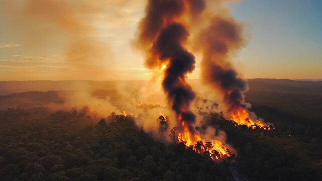 Aerial view of blazing wildfire destroying tropical forest at sunset, with thick smoke rising in columns, symbolizing devastating climate emergency, ecological crisis and global environmental threat