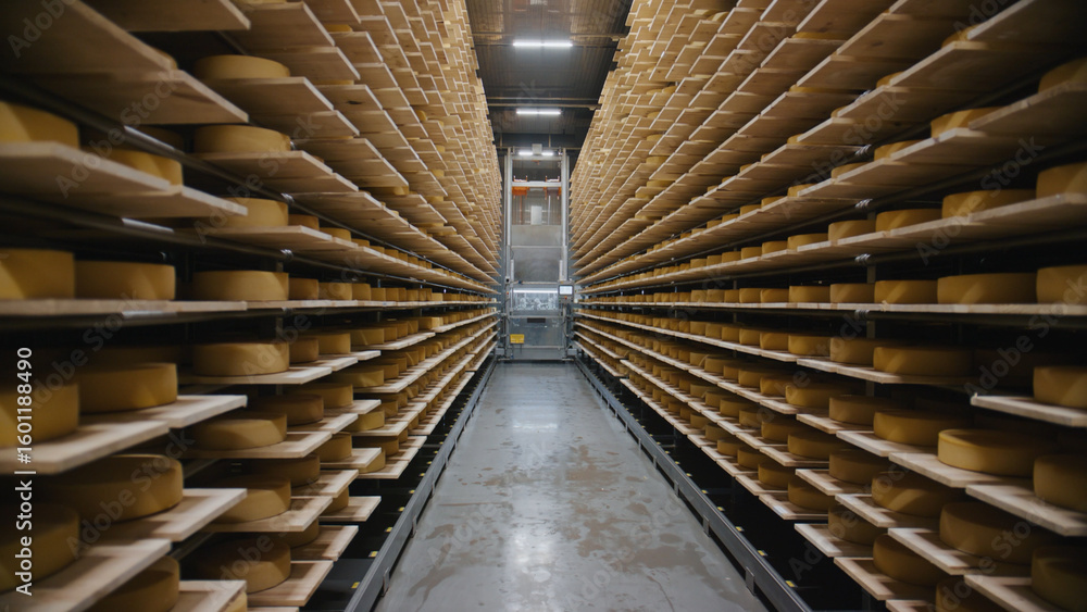Poster automated machine handling cheese wheels in modern