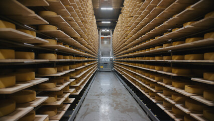 Automated machine handling cheese wheels in modern