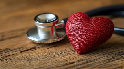 Red heart-shaped object and stethoscope on a wooden surface.
