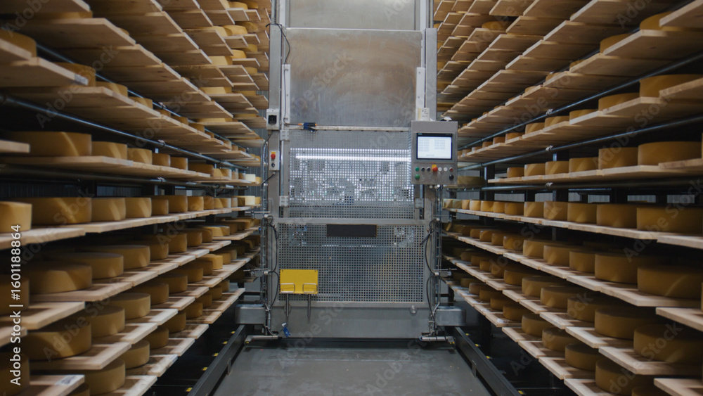 Poster automated machine handling cheese wheels in modern