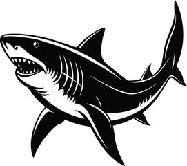Fototapeta premium Vector art of a ferocious shark with sharp teeth is swimming in the deep blue ocean hunting for prey