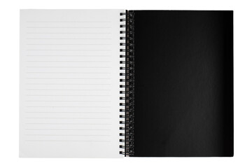 Open spiral notebook with lined and black pages
