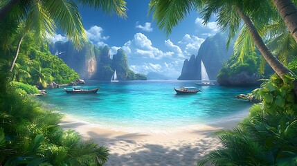 Tropical paradise beach scene with boats.