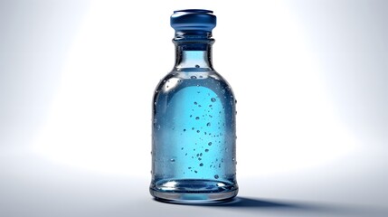 Clear glass bottle with blue liquid product mockup and water droplets design