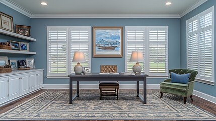 A well-appointed home office with built-in storage and a comfortable chair.