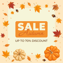Vector autumn frame background with pumpkins, colorful fall leaves, acorns and copy space. Cozy seasonal border template for Thanksgiving, harvest festival, or fall greeting card design.