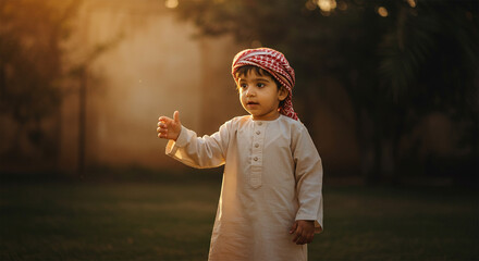A Saudi child wearing Gulf clothing in a park