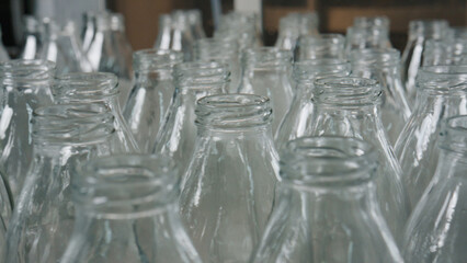 Empty glass bottles waiting for filling in dairy