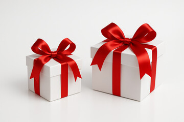 Set of Two White Gift Boxes with Red Satin Bows – Elegant Holiday Celebration Mockup on White Background