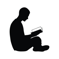 Silhouette of a Person Sitting and Reading a Book Black and White Vector Illustration