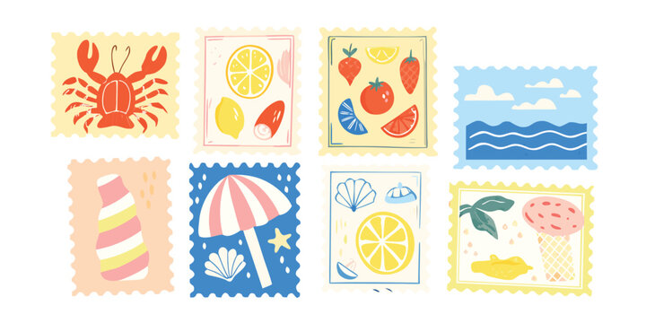 Collection of Whimsical Summer Themed Postage Stamps. Featuring Beach Elements, Seafood, Fruits, and Ice Cream for Vacation and Travel Designs.

