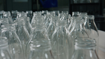 Empty glass bottles waiting to be filled in dairy