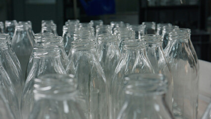 Empty glass bottles waiting for filling in dairy