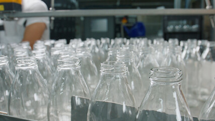 Empty glass bottles moving on conveyor belt in