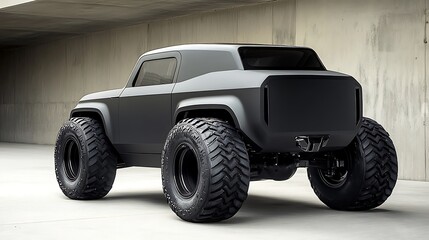 Dark-colored off-road vehicle with large tires.