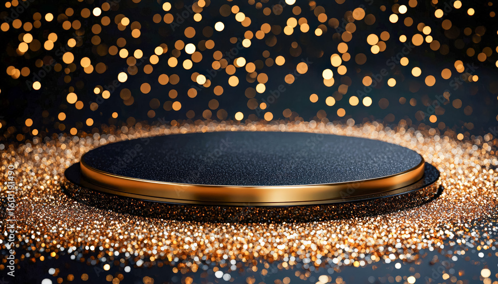 Poster elegant black and gold display platform with shimmering gold confetti and bokeh lights background