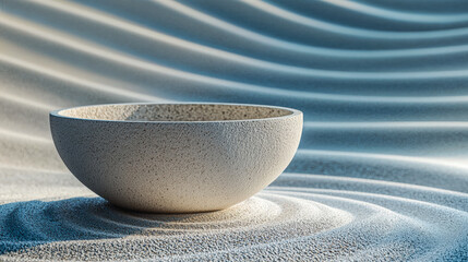 Minimalist stone bowl on textured surface with flowing background