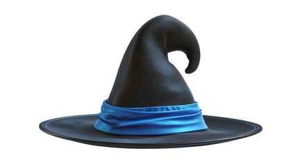 Magic hat with black base and blue ribbon, fantasy cartoon 3D icon, isolated on transparent background 