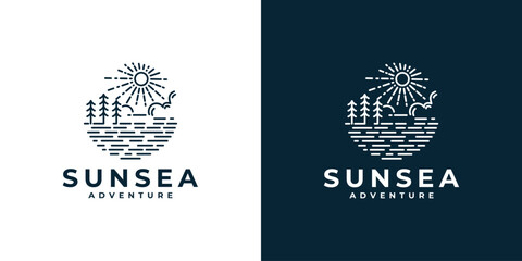Nature landscape logo with trees on the beach or sea and sunset or sunrise in vintage style monoline vector design