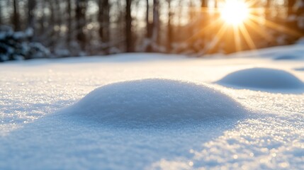 Snow-covered ground with sunbeams.