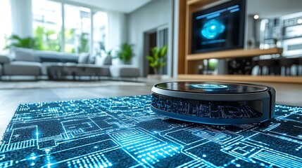 Smart home robot vacuum cleaner on a circuit board floor design.