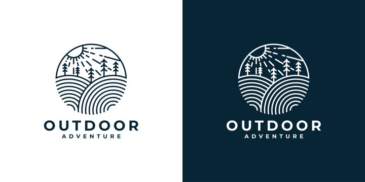 Nature landscape logo with tree and sunset or sunrise in vintage style monoline vector design