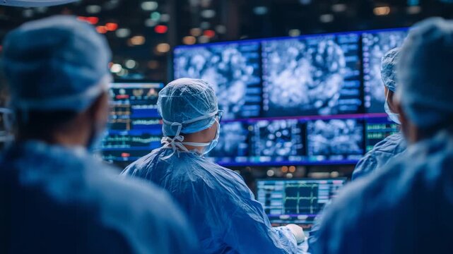 Experience a focused surgical team performing a minimally invasive procedure with laparoscopic tools, captured through a detailed camera view and screen displays.