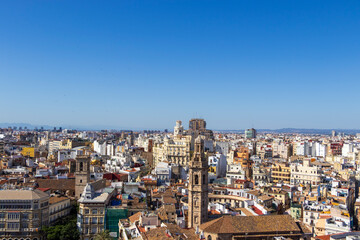 A panoramic view of Valencias skyline showcases historic and modern architecture under a clear blue sky. This vibrant city is known for its rich culture and beauty.