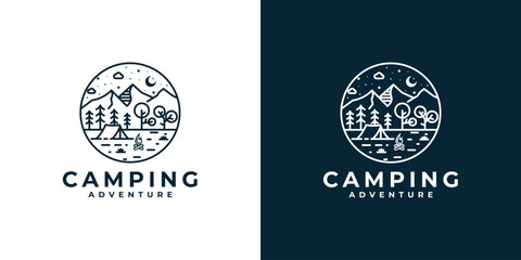 Nature landscape logo with tree, camping, campfire, and crescent moon at night in vintage style monoline vector design © Superherzl