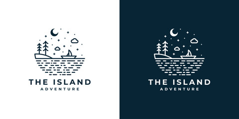 Nature landscape logo with tree on the island, sailboat on the sea and crescent moon at night in vintage style monoline vector design © Superherzl