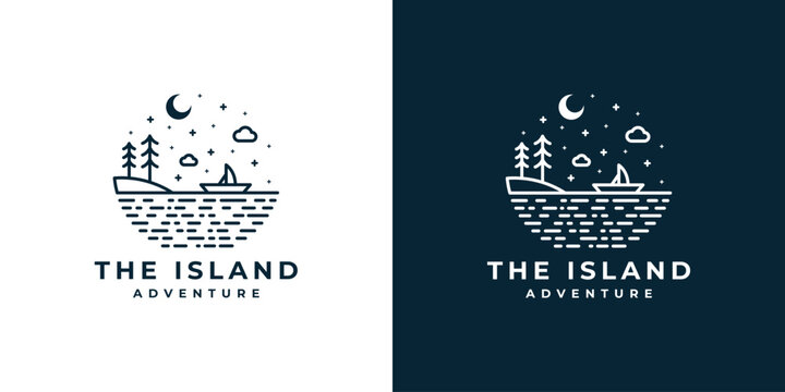 Nature landscape logo with tree on the island, sailboat on the sea and crescent moon at night in vintage style monoline vector design