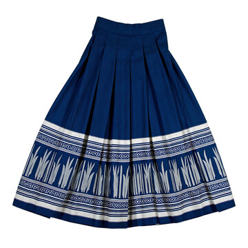 Beautiful Laotian sinh skirt with intricate indigo woven patterns elegantly folded and centered on a crisp white background