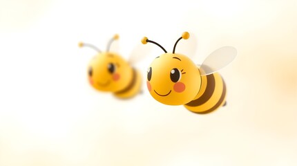 Fototapeta premium Isekai anime style extreme macro close-up of two cute yellow cartoon bees flying over a soft white gradient background. Expressive composition, detailed focus on small subject 