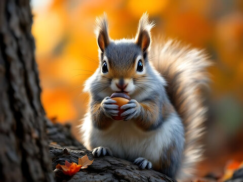 Squirrel on a Tree. Squirrel in the Forest. Squirrel with a Nut. Fluffy Squirrel
