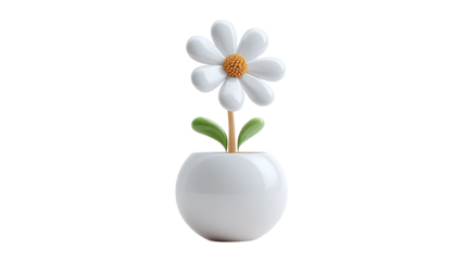 Minimal white flower in decorative pot, cartoon 3D rendering in plastic style, isolated on transparent background 