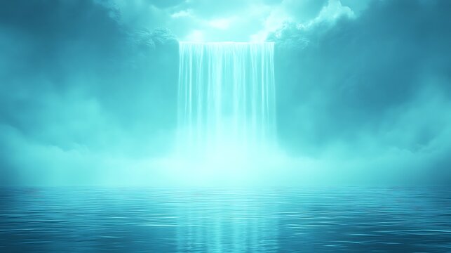 Serene waterfall cascading into a tranquil sea.