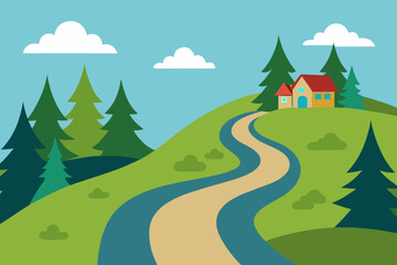 Fototapeta premium Cartoon Trail Winding Through a Forest Village Vector