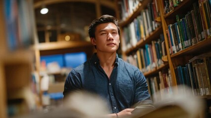 A contemplative Asian man reads a hardcover book amidst vibrant bookshelves in a historic campus library. - Powered by Adobe