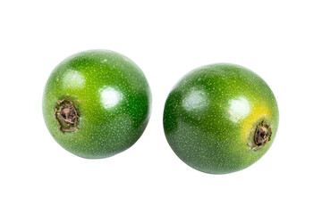 two green apples with a brown spot on the top