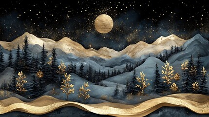 Majestic mountain landscape at night with golden accents.