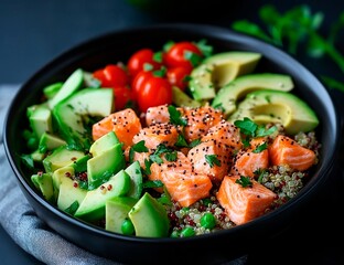 Cubes of salmon with avocado slices, cherry tomatoes, quinoa and green peas served in a black bowl