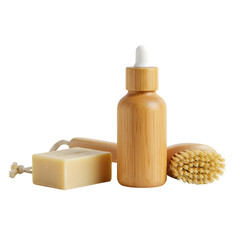 Natural Skincare Products with Wooden Brush, Dropper Bottle, and Soap on Transparent Background