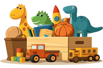 Colorful Children's Toys: A Fun Illustration of Dino, Basketball, and Vehicles in a Box