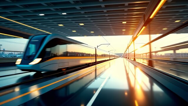 Modern train at airport terminal with sunlight