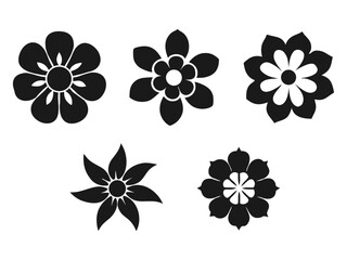 Set of Simple Flower Icons, Black Floral Silhouette & Stencil Vector Graphics